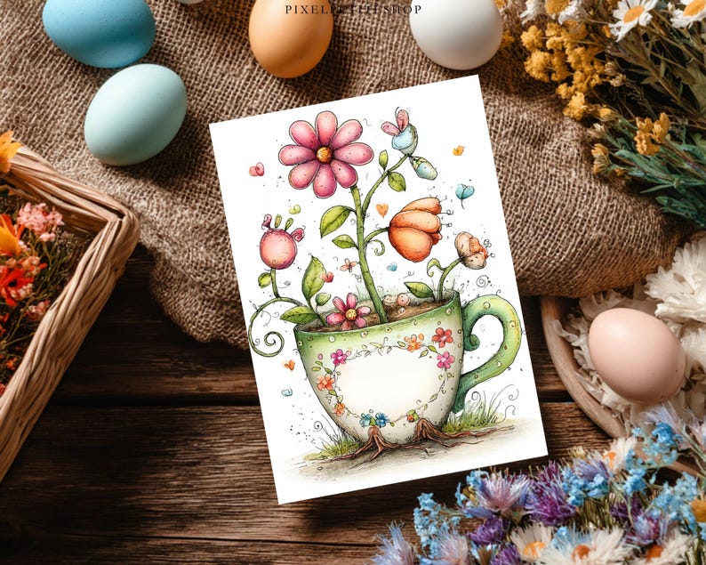May include: A greeting card with a whimsical illustration of flowers growing from a teacup. The flowers are pink and orange, with green leaves and stems. The teacup is white with a green handle and is decorated with small flowers. The background is a wooden table.
