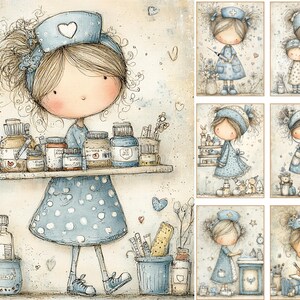 Puede incluir: Ilustraci&oacute;n en acuarela de una enfermera de dibujos animados con un vestido y sombrero azules con un coraz&oacute;n. Lleva una bandeja de frascos de medicamentos. Tambi&eacute;n se muestran ilustraciones adicionales de enfermeras.