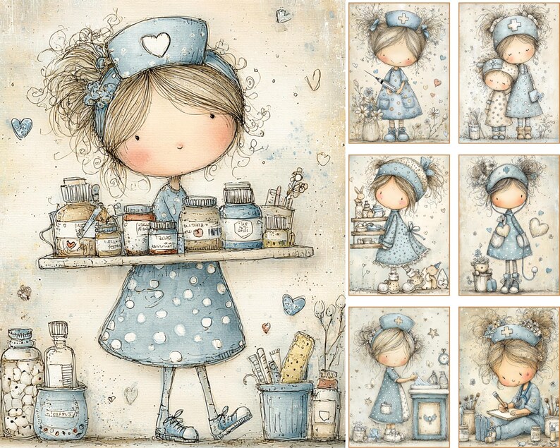 Puede incluir: Ilustraci&oacute;n en acuarela de una enfermera de dibujos animados con un vestido y sombrero azules con un coraz&oacute;n. Lleva una bandeja de frascos de medicamentos. Tambi&eacute;n se muestran ilustraciones adicionales de enfermeras.
