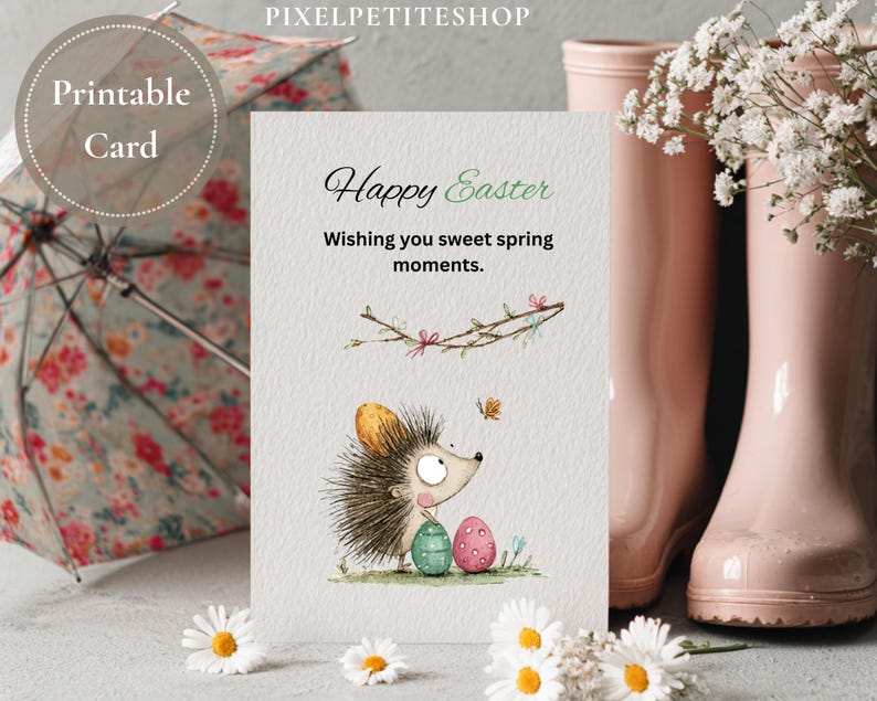 Pode incluir: Um cart&atilde;o de P&aacute;scoa imprim&iacute;vel com uma ilustra&ccedil;&atilde;o em aquarela de um ouri&ccedil;o, dois ovos decorados e uma borboleta. O cart&atilde;o diz "Feliz P&aacute;scoa" e "Wishing you sweet spring moments."