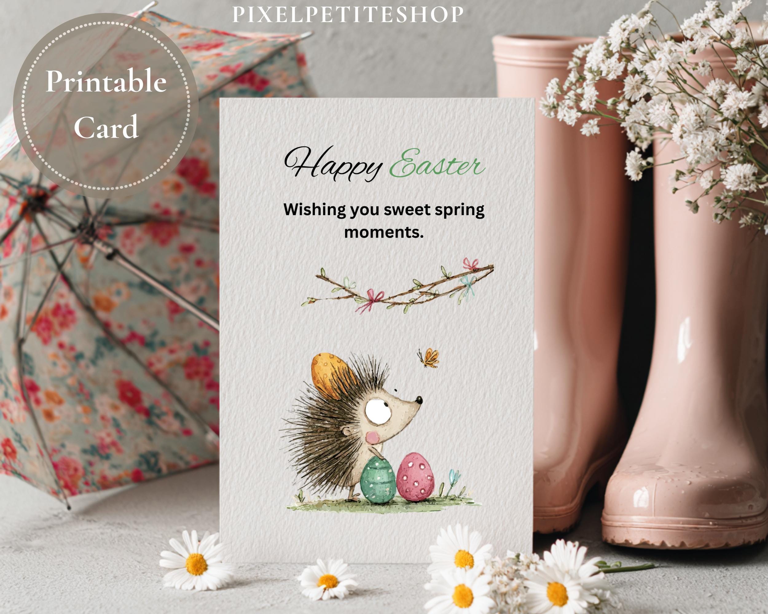 Preview of Hedgehog & Easter Eggs — Printable Spring Greeting Card