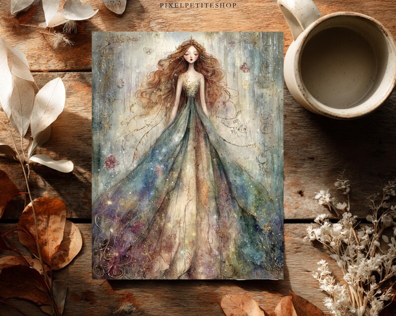 May include: A rectangular art print featuring a central illustration of a figure with long wavy brown hair wearing a flowing gown in shades of blue, green, and gold. The artwork includes delicate gold line details and the text PIXELPETITESHOP.