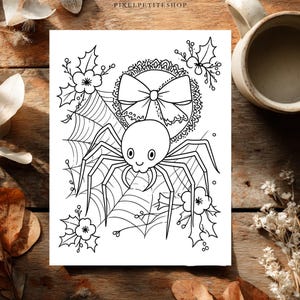 May include: A black and white coloring page featuring a cartoon spider with a large bow on its back, positioned in front of a spider web. The design is decorated with holly leaves, berries, and flowers. The text PIXELPETITESHOP is at the top.