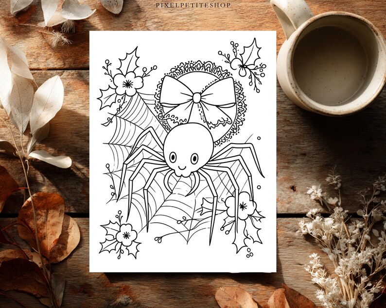 May include: A black and white coloring page featuring a cartoon spider with a large bow on its back, positioned in front of a spider web. The design is decorated with holly leaves, berries, and flowers. The text PIXELPETITESHOP is at the top.