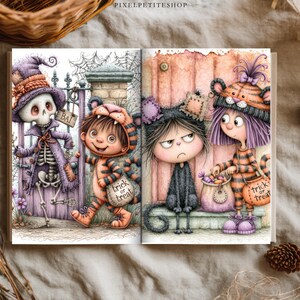 May include: An open book featuring a colorful illustration of four characters in Halloween costumes. A skeleton in a purple hat, a child in a tiger suit, a black cat, and a child in a tiger hat with purple hair, all holding trick or treat bags.