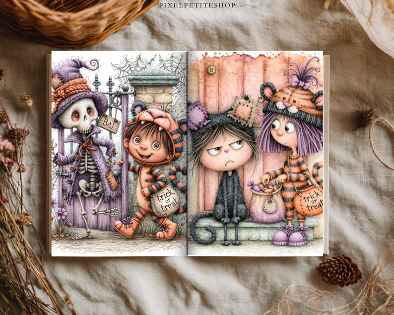 May include: An open book featuring a colorful illustration of four characters in Halloween costumes. A skeleton in a purple hat, a child in a tiger suit, a black cat, and a child in a tiger hat with purple hair, all holding trick or treat bags.