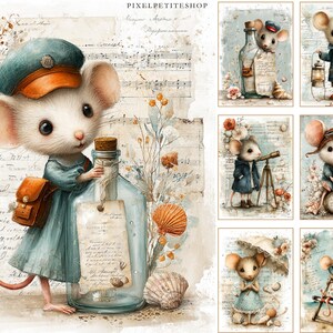 May include: Watercolor illustration featuring a charming mouse character in a blue outfit and cap, holding a glass bottle with a cork stopper. The image has a vintage aesthetic with musical notes and seashells, evoking a whimsical, storybook theme.