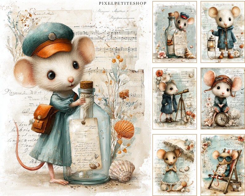 May include: Watercolor illustration featuring a charming mouse character in a blue outfit and cap, holding a glass bottle with a cork stopper. The image has a vintage aesthetic with musical notes and seashells, evoking a whimsical, storybook theme.