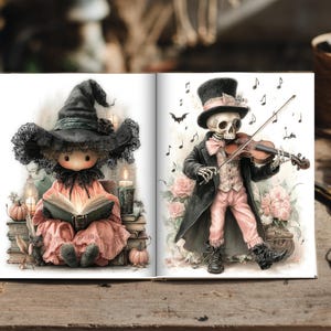 May include: An open book featuring two illustrations. The left page shows a figure in a black witch hat and pink dress reading a book. The right page shows a skeleton in a top hat and black coat playing a violin, surrounded by pink roses.