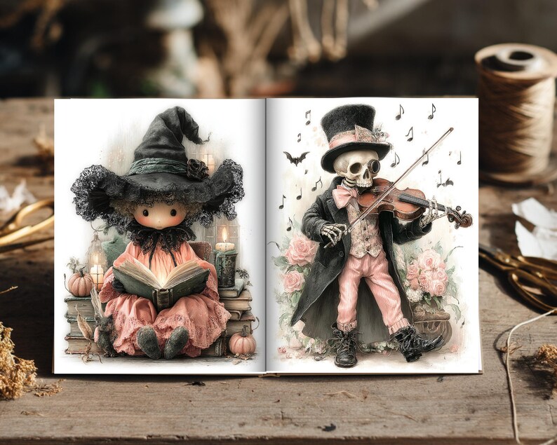 May include: An open book featuring two illustrations. The left page shows a figure in a black witch hat and pink dress reading a book. The right page shows a skeleton in a top hat and black coat playing a violin, surrounded by pink roses.