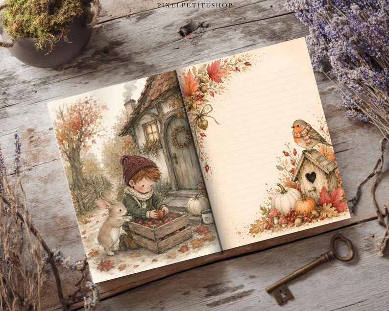 Op de afbeelding: Een open notitieboek met een illustratie van een kind in een bordeauxrode muts en groene sjaal met een konijn bij een houten kist met appels bij een huisje. De rechterpagina is gelinieerd met herfstthema's zoals esdoornbladeren en een vogelhuisje.