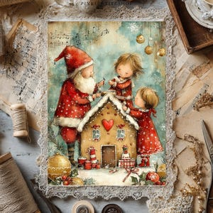May include: A rectangular print featuring a watercolor illustration of Santa Claus and two children decorating a gingerbread house with a red heart, surrounded by gold ornaments, snowflakes, and musical notes against a soft blue background.