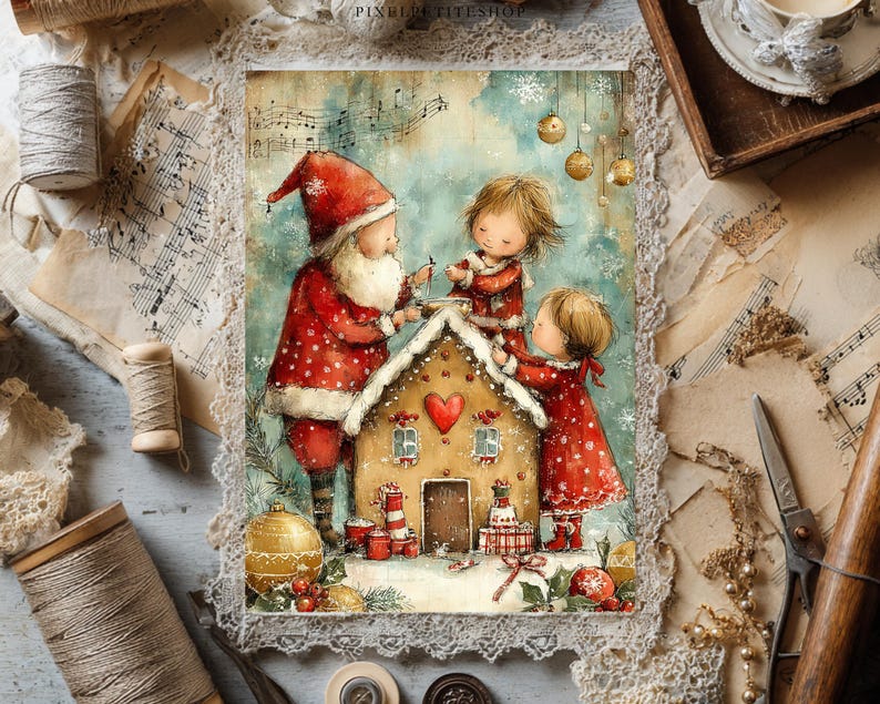May include: A rectangular print featuring a watercolor illustration of Santa Claus and two children decorating a gingerbread house with a red heart, surrounded by gold ornaments, snowflakes, and musical notes against a soft blue background.