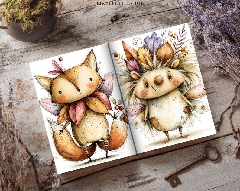 Watercolor Fairy Junk Journal Pages, Autumn Woodland Creatures, Scrapbook Kit (Digital Download) image 8