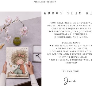 May include: A digital art kit with a whimsical illustration of a girl with curly hair, a pink bow, and stars. The kit includes 33 digital pages for scrapbooking, junk journals, and other creative projects. The image also shows a glass of green liquid and a vase of pink flowers.