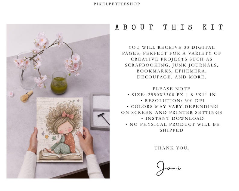 May include: A digital art kit with a whimsical illustration of a girl with curly hair, a pink bow, and stars. The kit includes 33 digital pages for scrapbooking, junk journals, and other creative projects. The image also shows a glass of green liquid and a vase of pink flowers.