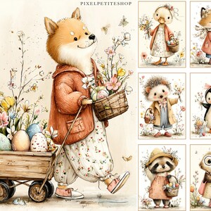 May include: Watercolor illustration featuring a Shiba Inu character pulling a wooden cart filled with Easter eggs and flowers. The Shiba Inu wears a red jacket and floral pants. Additional images show other animal characters with Easter baskets.