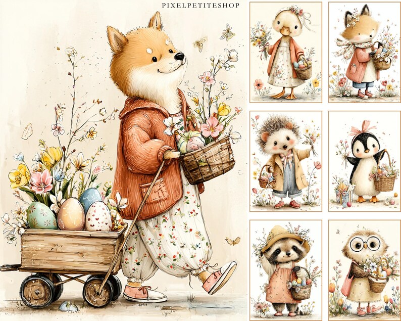 May include: Watercolor illustration featuring a Shiba Inu character pulling a wooden cart filled with Easter eggs and flowers. The Shiba Inu wears a red jacket and floral pants. Additional images show other animal characters with Easter baskets.