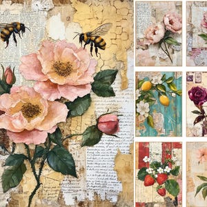 May include: A collage of floral art prints. The main image features pink roses with bees against a backdrop of aged paper and script. Additional prints showcase peonies, lemons, strawberries, and peaches, all with a vintage aesthetic.
