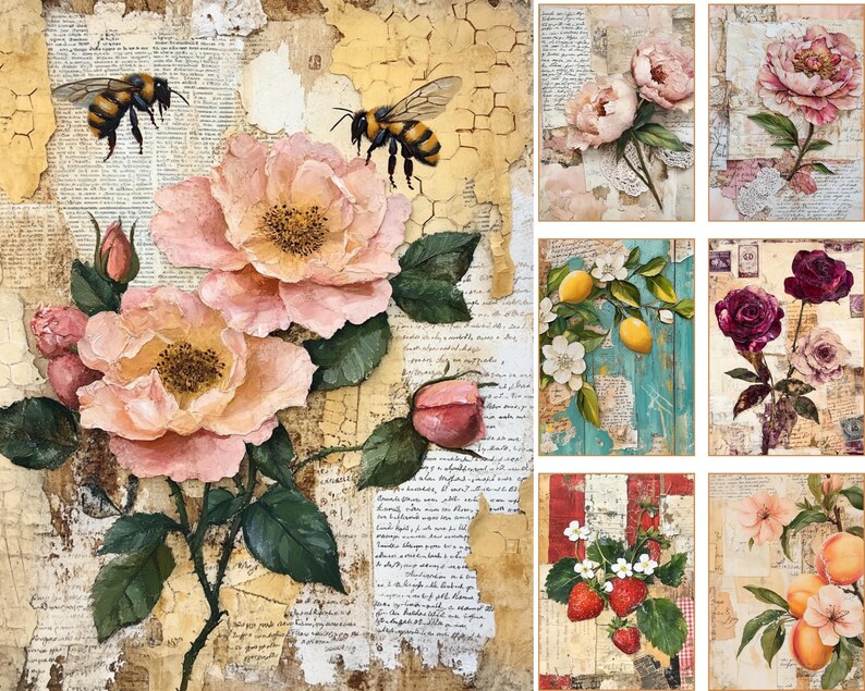May include: A collage of floral art prints. The main image features pink roses with bees against a backdrop of aged paper and script. Additional prints showcase peonies, lemons, strawberries, and peaches, all with a vintage aesthetic.