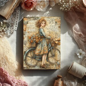 May include: A vintage-style print features a young woman in a floral dress with a bicycle, a basket of flowers, and a backdrop of aged paper with script. The artwork has a soft, romantic aesthetic with muted colors and a nostalgic feel.