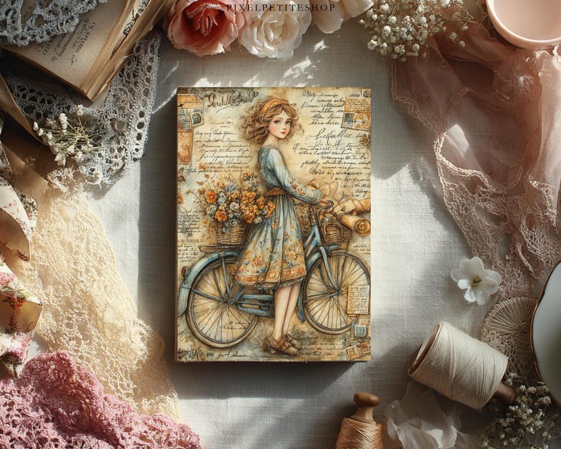 May include: A vintage-style print features a young woman in a floral dress with a bicycle, a basket of flowers, and a backdrop of aged paper with script. The artwork has a soft, romantic aesthetic with muted colors and a nostalgic feel.