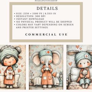 May include: Watercolor illustrations of adorable animals dressed as medical professionals. A sheep, elephant, and bunny are depicted in a soft, vintage style, each wearing a nurse's cap and coat. Hearts and medical symbols add to the theme.