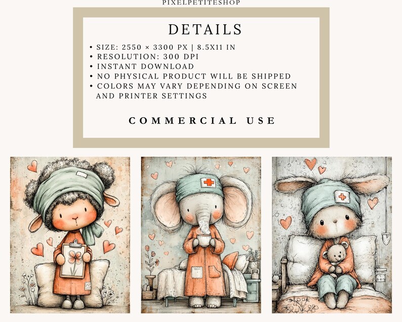 May include: Watercolor illustrations of adorable animals dressed as medical professionals. A sheep, elephant, and bunny are depicted in a soft, vintage style, each wearing a nurse's cap and coat. Hearts and medical symbols add to the theme.