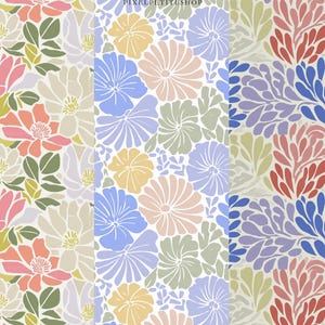 以下が含まれることがあります： 3つのフローラルパターンデザイン。最初のデザインは、ピンク、ピーチ、白の花と緑の葉がクリーム色の背景にあります。2番目のデザインは、青、ピンク、黄色の花と緑の葉があります。3番目のデザインは、赤、青、ピンクの花柄がクリーム色の背景にあります。
