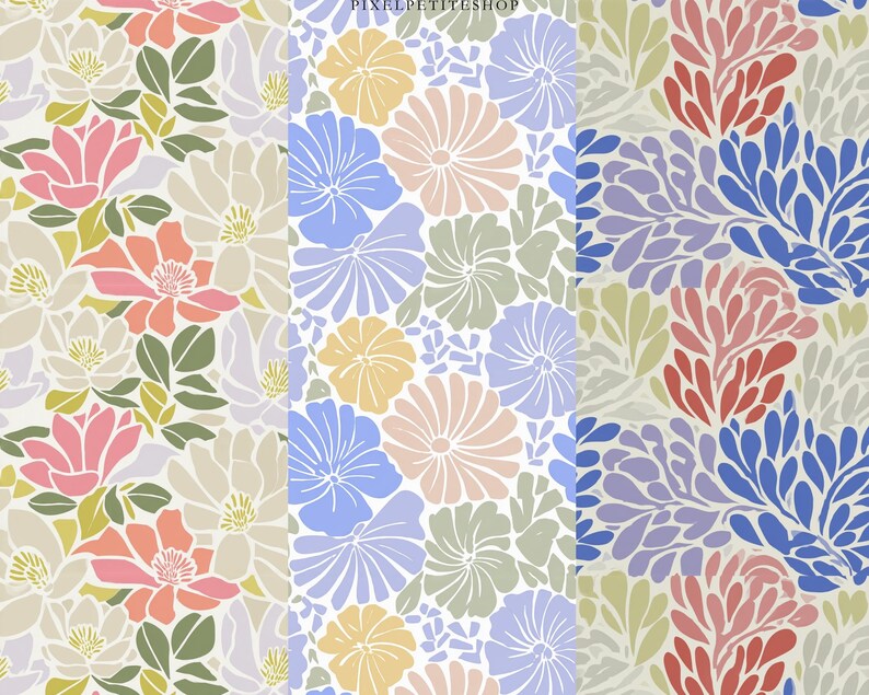 以下が含まれることがあります： 3つのフローラルパターンデザイン。最初のデザインは、ピンク、ピーチ、白の花と緑の葉がクリーム色の背景にあります。2番目のデザインは、青、ピンク、黄色の花と緑の葉があります。3番目のデザインは、赤、青、ピンクの花柄がクリーム色の背景にあります。
