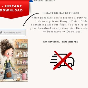 Puede incluir: Una ilustraci&oacute;n digital de un barista en una cafeter&iacute;a con estantes de suministros, que incluye el texto INSTANT DOWNLOAD, NO PHYSICAL ITEM SHIPPED e instrucciones para acceder a los archivos mediante un enlace de Google Drive tras la compra en Etsy.
