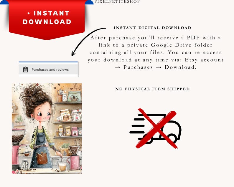 Puede incluir: Una ilustraci&oacute;n digital de un barista en una cafeter&iacute;a con estantes de suministros, que incluye el texto INSTANT DOWNLOAD, NO PHYSICAL ITEM SHIPPED e instrucciones para acceder a los archivos mediante un enlace de Google Drive tras la compra en Etsy.