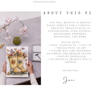 May include: A digital kit containing 62 pages with a resolution of 300 DPI and dimensions of 8.5x11 inches. The image features a watercolor illustration of yellow rain boots filled with autumn leaves and flowers, labeled PIXELPETITESHOP.