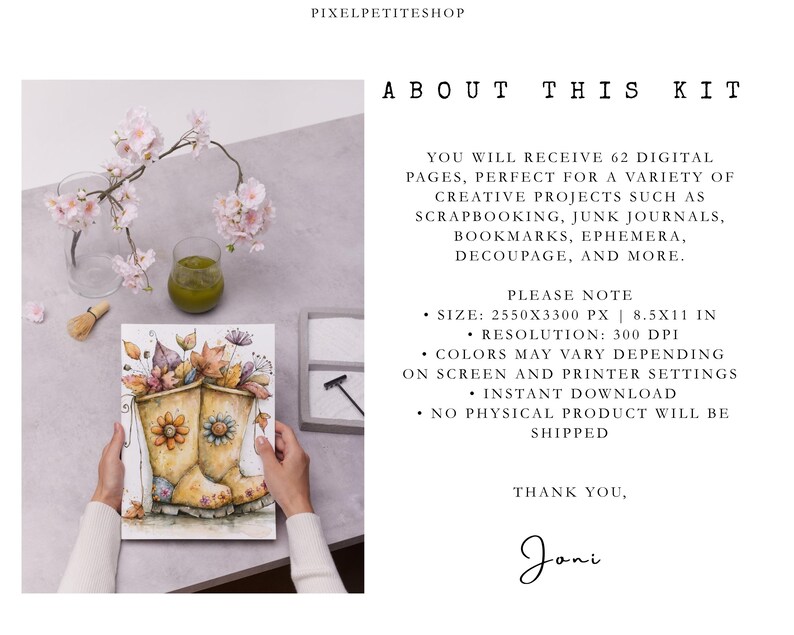 May include: A digital kit containing 62 pages with a resolution of 300 DPI and dimensions of 8.5x11 inches. The image features a watercolor illustration of yellow rain boots filled with autumn leaves and flowers, labeled PIXELPETITESHOP.