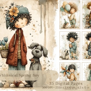 Peut inclure: Illustrations à l'aquarelle représentant un garçon printanier fantaisiste avec un chien, des tulipes et des enfants avec des ballons, un raton laveur et une girouette. Le texte indique "Whimsical Spring Boy" et "35 Digital Pages".