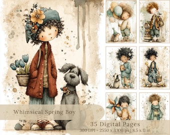 May include: Watercolor illustrations featuring a whimsical spring boy with a dog, tulips, and a collection of children with balloons, a raccoon, and a pinwheel. The text reads "Whimsical Spring Boy" and "35 Digital Pages".