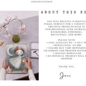 May include: A digital kit featuring 30 pages with a whimsical illustration of a figure in a white dress holding a lantern under a crescent moon. Text includes 'ABOUT THIS KIT', '30 DIGITAL PAGES', '2550X3300 PX | 8.5X11 IN', and '300 DPI'.