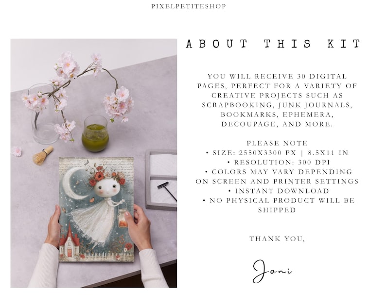 May include: A digital kit featuring 30 pages with a whimsical illustration of a figure in a white dress holding a lantern under a crescent moon. Text includes 'ABOUT THIS KIT', '30 DIGITAL PAGES', '2550X3300 PX | 8.5X11 IN', and '300 DPI'.