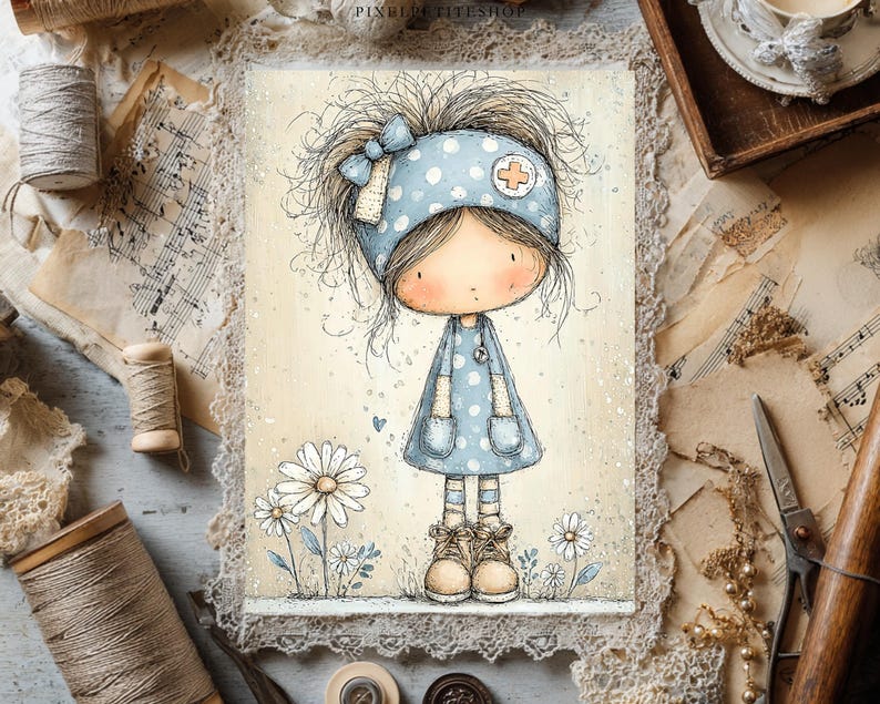 Puede incluir: Ilustraci&oacute;n acuarela de una figura de mu&ntilde;eca con un vestido azul con lunares blancos y una diadema a juego. La obra presenta margaritas y est&aacute; ambientada sobre un fondo de papel vintage, enmarcada con encaje.