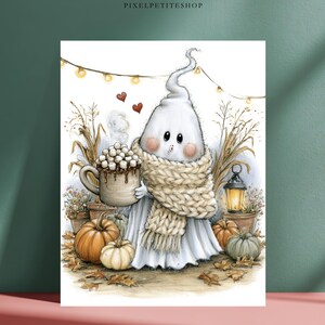 May include: A digital illustration of a white ghost wearing a thick beige knit scarf, holding a mug of hot cocoa with marshmallows. The scene includes orange and green pumpkins, dried wheat, a small lantern, and string lights on a white background.