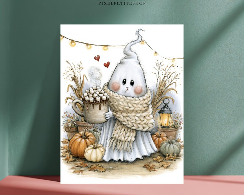 May include: A digital illustration of a white ghost wearing a thick beige knit scarf, holding a mug of hot cocoa with marshmallows. The scene includes orange and green pumpkins, dried wheat, a small lantern, and string lights on a white background.