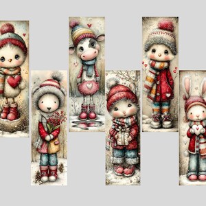 May include: Watercolor illustrations of whimsical winter characters, including a bird, cow, bear, fox, and rabbit. Each character is dressed in winter attire, such as hats, scarves, and coats, and holding gifts or hearts. The artwork has a soft, vintage feel.