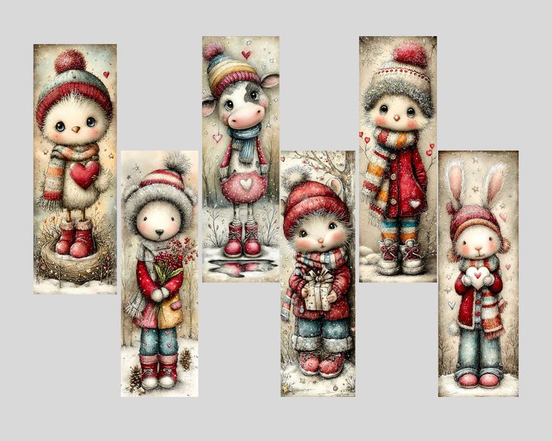 May include: Watercolor illustrations of whimsical winter characters, including a bird, cow, bear, fox, and rabbit. Each character is dressed in winter attire, such as hats, scarves, and coats, and holding gifts or hearts. The artwork has a soft, vintage feel.