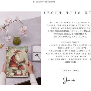 May include: A digital kit featuring 38 pages with a Santa Claus and child illustration. Text includes: ABOUT THIS KIT, YOU WILL RECEIVE 38 DIGITAL PAGES, SIZE: 2550X3300 PX | 8.5X11 IN, RESOLUTION: 300 DPI, COLORS MAY VARY, INSTANT DOWNLOAD, NO PHYSICAL PRODUCT.
