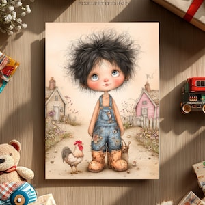 May include: A whimsical illustration of a child in denim overalls and boots, holding a basket, standing on a path with a rooster. The background features quaint houses and a floral landscape, evoking a storybook feel.