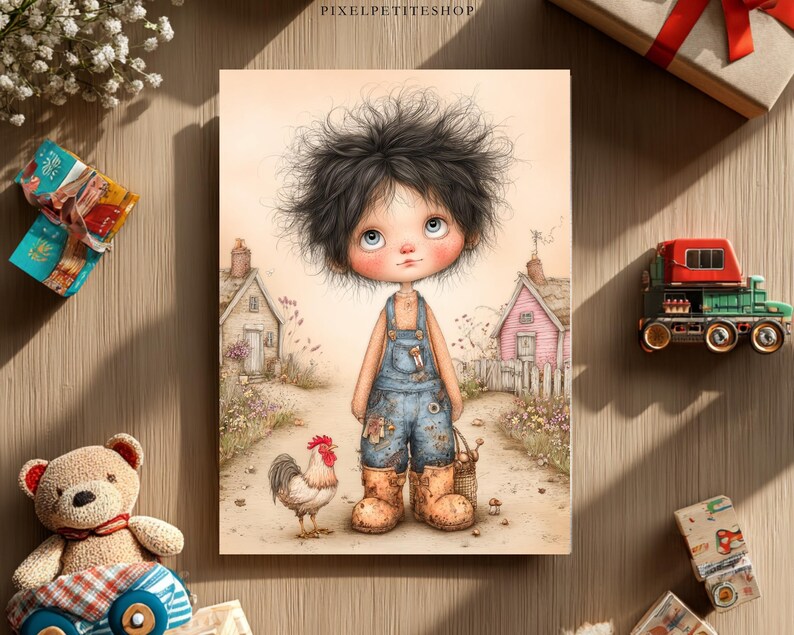 May include: A whimsical illustration of a child in denim overalls and boots, holding a basket, standing on a path with a rooster. The background features quaint houses and a floral landscape, evoking a storybook feel.