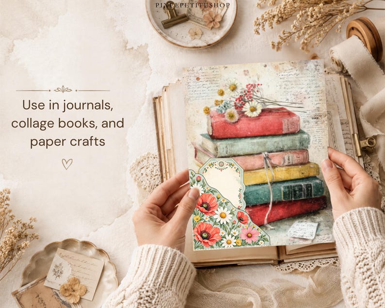 May include: A rectangular paper sheet featuring a stack of colorful vintage books in red, green, yellow, and blue, topped with white and pink flowers. A decorative tag with floral borders is attached to the side, set against a script background.