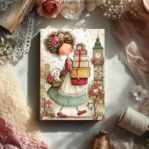 May include: A whimsical illustration depicts a girl carrying gifts and a basket with a puppy. The artwork features a floral theme, with a Big Ben clock tower in the background. The girl wears a floral headdress and a green dress, with red shoes.