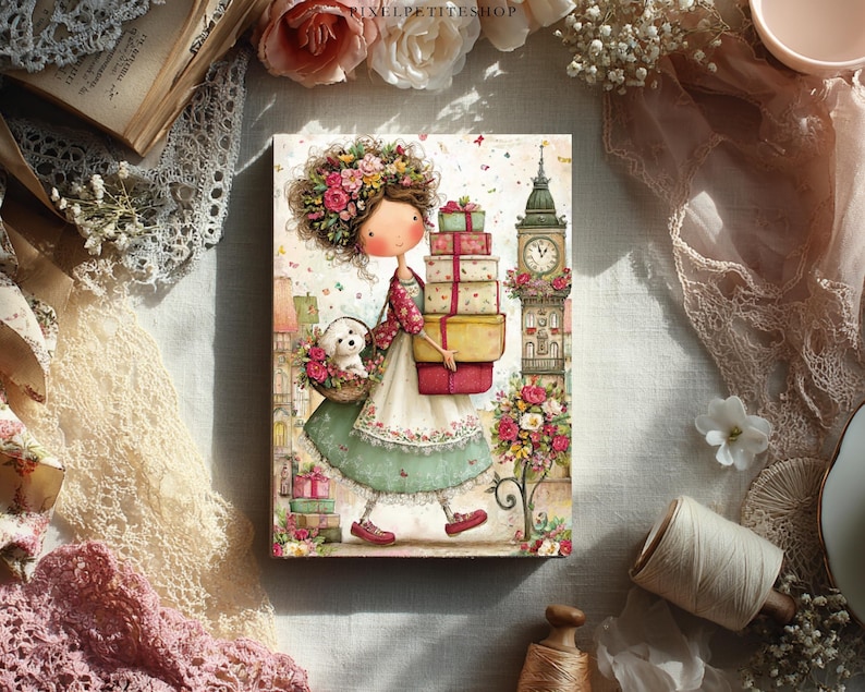 May include: A whimsical illustration depicts a girl carrying gifts and a basket with a puppy. The artwork features a floral theme, with a Big Ben clock tower in the background. The girl wears a floral headdress and a green dress, with red shoes.