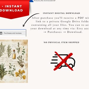 May include: An instant digital download graphic featuring botanical illustrations of herbs and a small bottle. The image includes text that reads "Instant Download" and "No Physical Item Shipped."